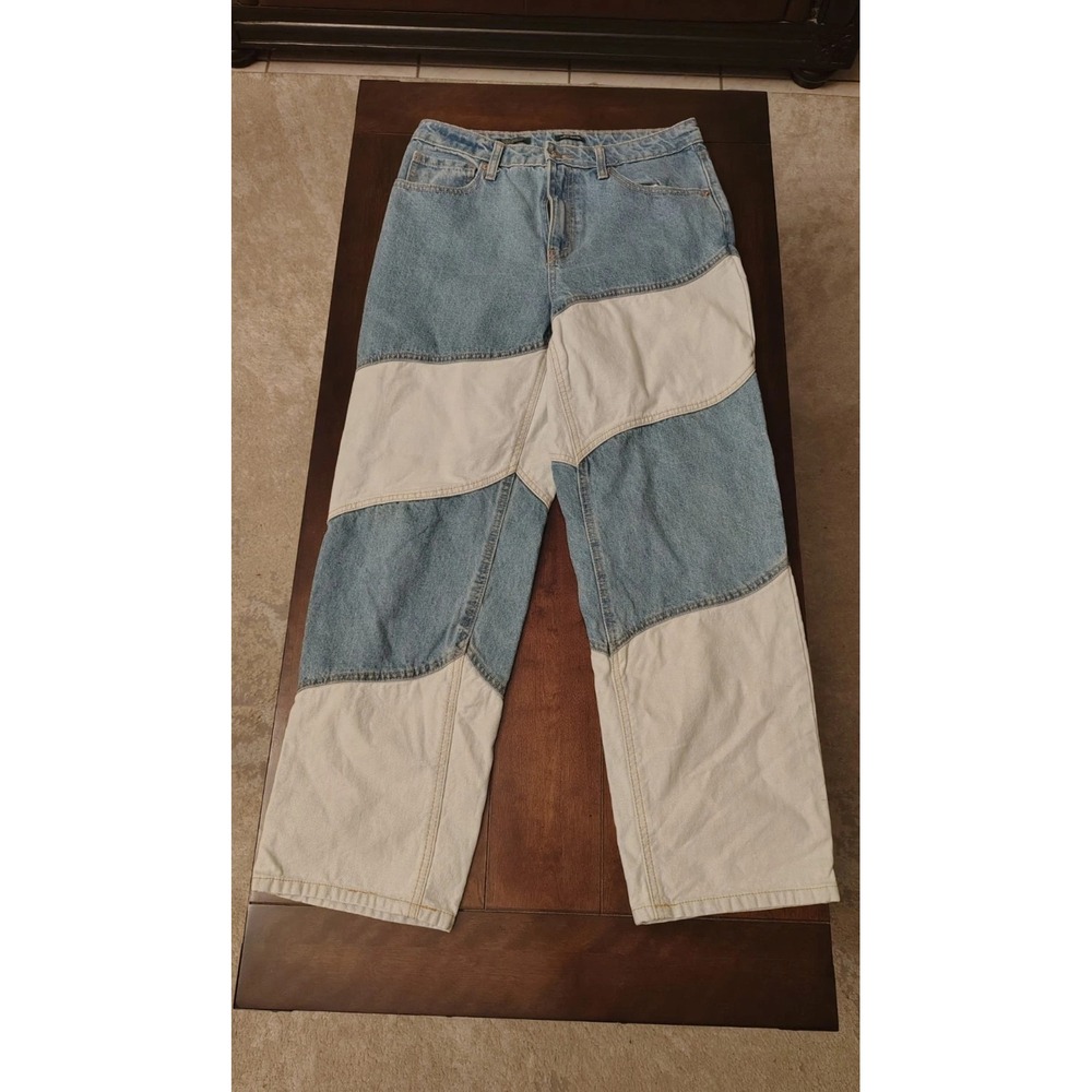 Wild Fable Womens High Rise 90s Relaxed Straight Patchwork Jeans Two Tone Blue 1